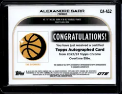 2022-23 Topps Chrome Overtime Elite #CA-AS2 Alexandre Sarr Chrome Autographs - Image 2