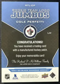 2021 Upper Deck Black Diamond Cole Perfetti Rookie Team Logo Jumbo Patches RC - Image 2