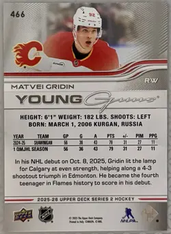 2025-26 Upper Deck Series 2 Young Guns Matvei Gridin #466 - Image 2