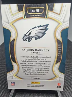 2025 Panini Select Saquon Barkley Blue Prizm Serial #194/249 #90 - Image 2