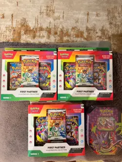 Pokemon TCG 3x First Partner Illustration Collection Series 1 and 1x Gengar Tin - Image 1