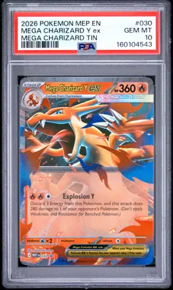 2026 Pokemon Mep En-Me Black Star Promo #030 Mega Charizard Y Ex Tin PSA 10 - Image 1