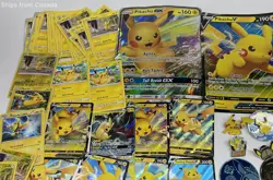Huge Lot of Pikachu Pokemon Trading Cards, Coins, & Enamel Pins - Image 2