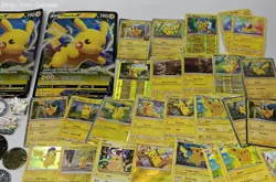 Huge Lot of Pikachu Pokemon Trading Cards, Coins, & Enamel Pins - Image 3