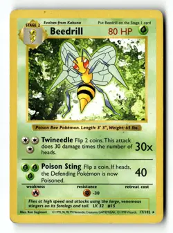 Pokemon Card Beedrill LP Base Set (Shadowless) Rare 17/102 - Image 1