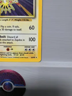 Pokemon TCG Zapdos 16/102 Base Set Unlimited 1999 Holo Rare LP - Image 5