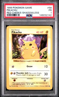 1999 POKEMON BASE SET RED CHEEKS-SHADOWLESS #58 PIKACHU PSA 1 - Image 1