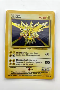 Wizards of the Coast Pokemon TCG Base Set Zapdos 16/102 Holo Rare 90 HP - Image 1