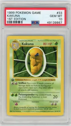 PSA 10 Pokemon TCG 1999 Base Set 1st Edition Shadowless- Kakuna 33/102 - Image 1