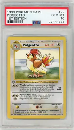 PSA 10 Pokemon TCG 1999 Base Set 1st Edition Shadowless - Pigeotto 22/102 Rare - Image 1