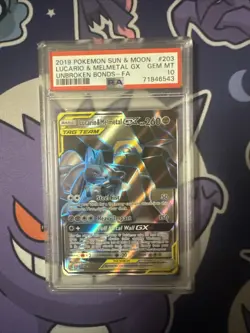 2019 POKEMON SUN & MOON UNBROKEN BONDS LUCARIO & MELMETAL GX #203 PSA 10 - Image 1