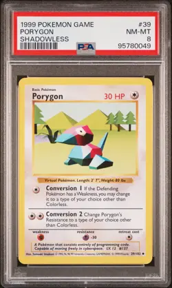 1999 POKEMON BASE SET SHADOWLESS #39 PORYGON PSA 8 - Image 1
