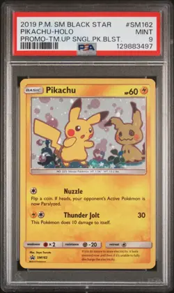 Pokemon TCG Sun & Moon Pikachu Mimikyu Black Star Promo Cosmos Holo SM162 PSA 9 - Image 1