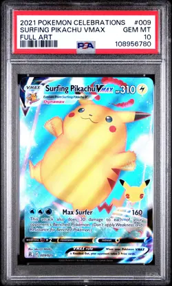 2021 Pokemon Celebrations 9 Surfing Pikachu VMAX Full Art PSA 10 Gem Mint - Image 1
