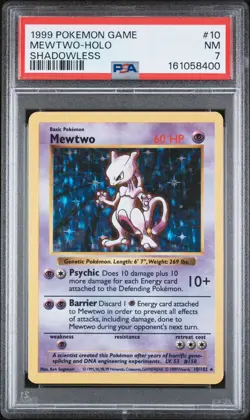 1999 MEWTWO Pokemon Card #10 010/102 Base Set Shadowless Unlimited Holo PSA 7 - Image 1