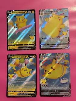 Surfing Pikachu & Flying Pikachu V & Vmax 4 Card Set Pokemon TCG Celebrations NM - Image 1
