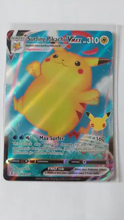 Pokemon TCG Surfing Pikachu VMAX Holo Card 009/025 Celebrations 25th Anniversary - Image 1