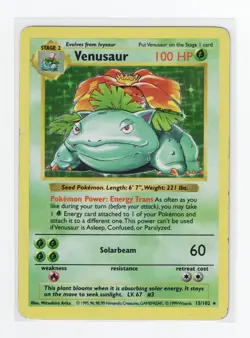 1999 Pokemon Venusaur 15/102 Shadowless Holo Base Set MP Vintage Card - Image 1