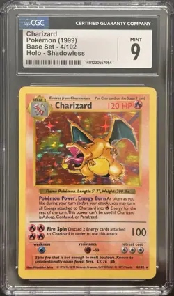 1999 Pokemon Base Set Shadowless Charizard Holo Rare #4/102 CGC 9 MINT - Image 1