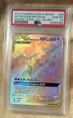 PSA 10 Pokemon Moltres & Zapdos & Articuno GX (Secret) 69/68 Hidden Fates Holo - Image 1