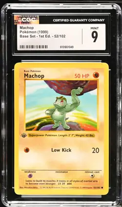 CGC 9 MINT Machop 52/102 1st Edition Shadowless Base Set Pokemon Card - Image 1