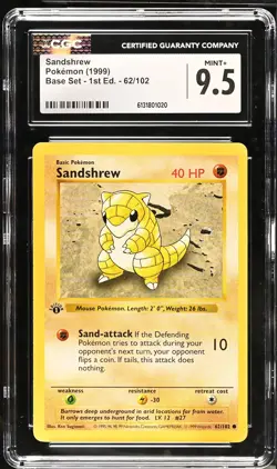 CGC 9.5 MINT+ Sandshrew 62/102 1st Edition Shadowless Base Set Pokemon Card - Image 1
