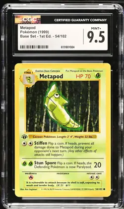 CGC 9.5 MINT+ Metapod 54/102 1st Edition Shadowless Base Set Pokemon Card - Image 1