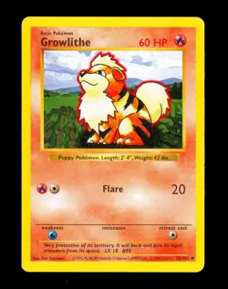 1999 Pokemon GROWLITHE Base Set SHADOWLESS Misprint LOW INK ERROR Card 28/102 EX - Image 1