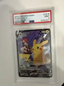 Pokemon 2022 Lost Origin Trainer Gallery Pikachu V TG16/TG30 Full Art Holo PSA 9 - Image 1