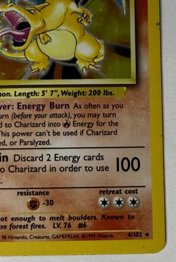 1999 Pokemon Base Set Charizard 4/102 Holo Unlimited HP Damaged WOTC - Image 5