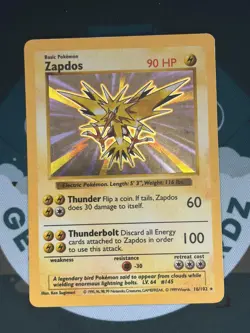 Pokemon TCG Zapdos 16/102 Unlimited Holo Holo Rare Base Set Shadowless MP - Image 1