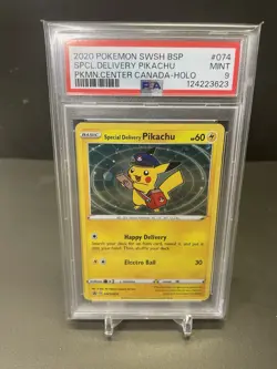 2020 Pokemon SWSH BSP SPCL Delivery Pikachu PKMO Center Canada Holo #074 PSA 9 - Image 1