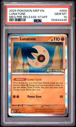2025 POKEMON MEGA EVOLUTION PRERELEASE-STAFF PROMO #004 LUNATONE PSA 10 - Image 1