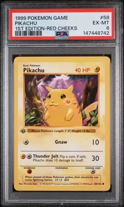 1999 POKEMON BASE SET 1ST EDITION-RED CHEEKS #58 PIKACHU PSA 6 - Image 1