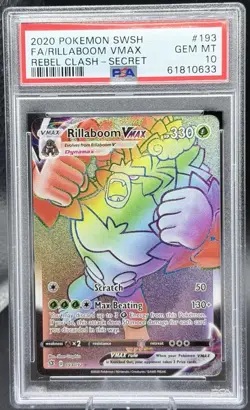 PSA 10 Rillaboom VMAX 193/192 Secret Rare Rainbow Holo Rebel Clash Pokemon Card - Image 1