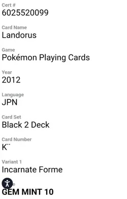 Graded CGC 10 Pokemon Playing Card Landorus King Spades Black 2 Deck 2012 - Image 2