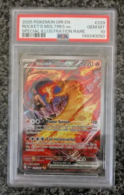 Pokemon TCG Destined Rivals Team Rocket's Moltres EX Card 229/182 Sir PSA 10 - Image 1