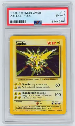 1999 Pokemon Base Set Unlimited #16 / 102 Zapdos Holo Rare PSA 8 - Image 1