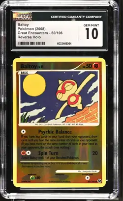 CGC 10 GEM MINT Baltoy 2008 Great Encounters 60/106 Reverse Holo Pokemon Card - Image 1