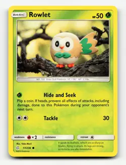 Rowlet 17/236 Cosmic Eclipse Common Yuka Morii 2019 Pokemon Card LP - Image 1
