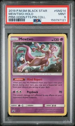 2019 Pokemon HDDN FTS PIN COLL Black Star Promo Mewtwo SM214 Holo PSA 9 Swirl - Image 1