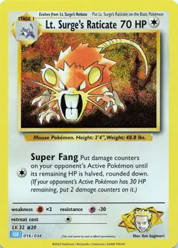 Pokemon TCG Lt. Surge's Raticate #016/034 Holo Trading Card Game Classic NM - Image 1