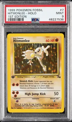 1999 POKEMON FOSSIL 1ST EDITION #7 HITMONLEE-HOLO PSA 9 - Image 1