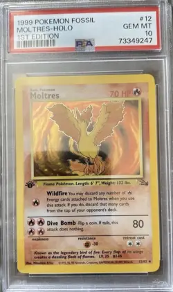 Pokemon PSA 10 Moltres Holo Card Fossil 1st Edition Rare #12/62 - Image 1