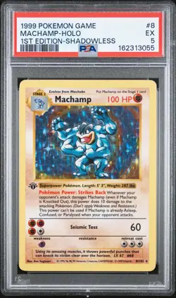 1999 POKEMON GAME 1ST EDITION-SHADOWLESS #8 MACHAMP-HOLO PSA 5 - Image 1