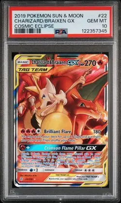2019 POKEMON SUN & MOON COSMIC ECLIPSE #22 CHARIZARD & BRAIXEN GX PSA 10 - Image 1
