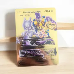Pokemon 2024 Fan Art Gold Foil Card Thanos & Mewtwo Basic Tag Team Gx Hp 374 - Image 1