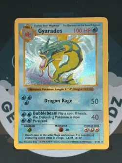 Pokemon TCG Gyarados 6/102 Unlimited Holo Holo Rare Base Set Shadowless MP - Image 1
