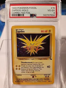 Pokemon TCG Zapdos Fossil Holo Unlimited Rare Card 15/62 PSA 4 Corrected Foil - Image 1