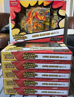 Pokemon TCG Mega Evolution Ascended Heroes Mega Emboar ex Box x6 & Deluxe Pin x5 - Image 1